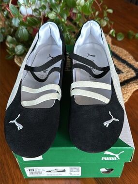 Puma Black and White Suede Mary Jane Ballet Flats